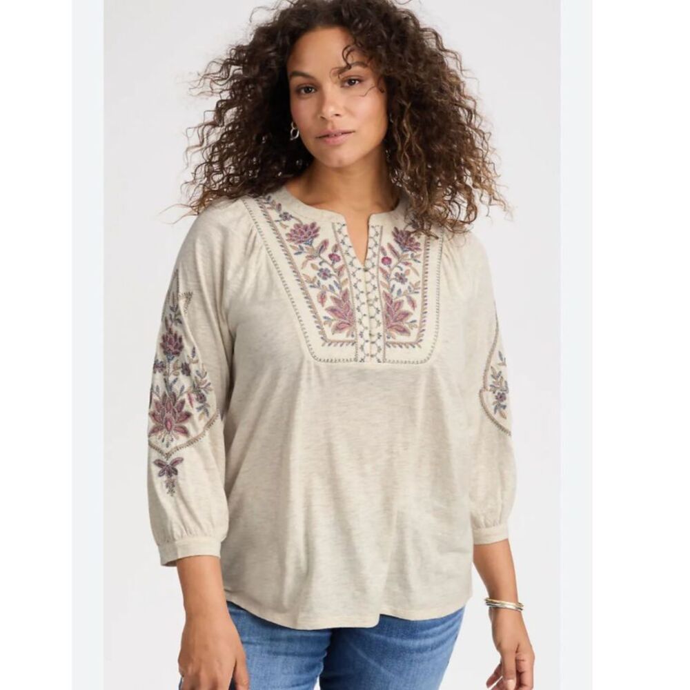 J. Jill Feminine Floral Embroidered Top Boho Modal Cotton Tencel Tunic Blouse 2X